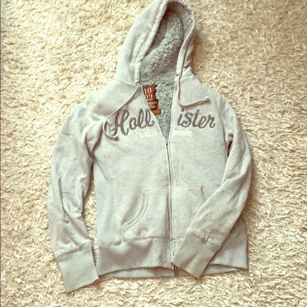 Y2K Original Hollister Large Gray Hooded Jacket Faux Fur Inside
